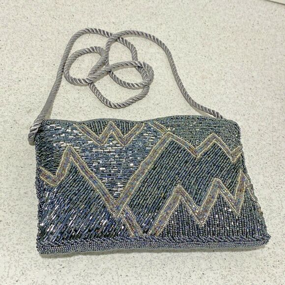 Vintage Beaded 1980's Evening Bag Retro Gray & Silver Shoulderbag Dressy Purse - Picture 3 of 8